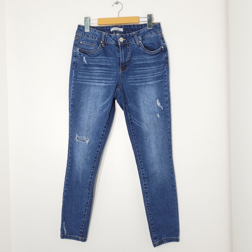 Refuge Women's Blue Denim Distressed Mid Rise Front Zipper Casual Skinny Jeans